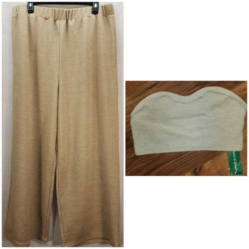 Shein 2 Piece Outfit Womens Size 1x Fits Like A Large Wide Leg Tube Top Tan